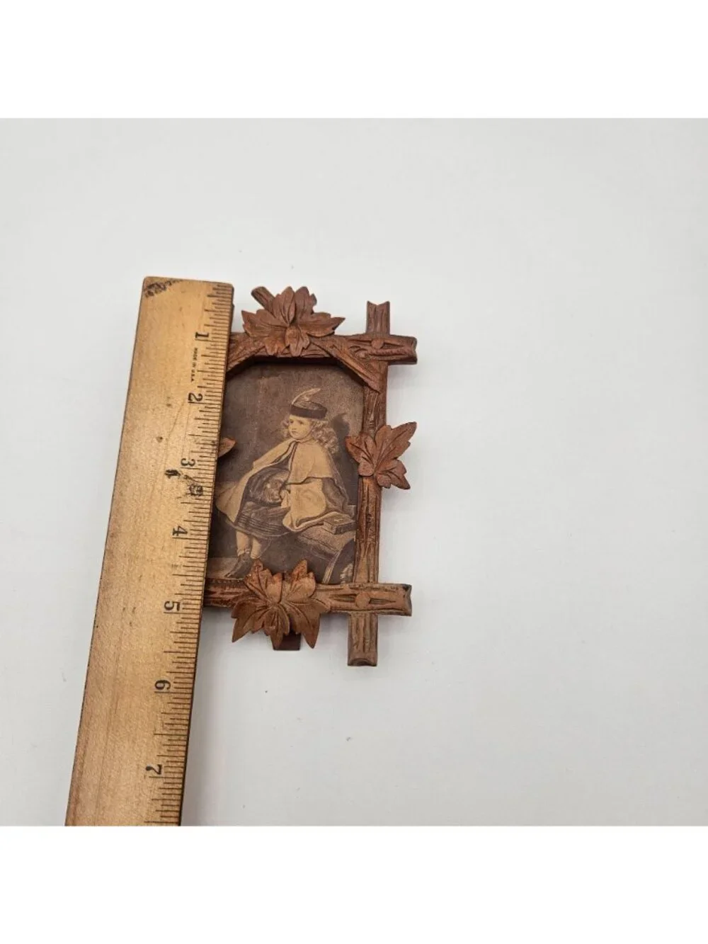 Antique Black Forest Adirondack Style Carved Wood Leaf Cross Corner Frame